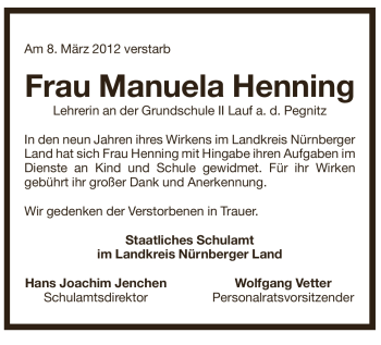 Traueranzeige von Manuela Henning von Pegnitz-Zeitung